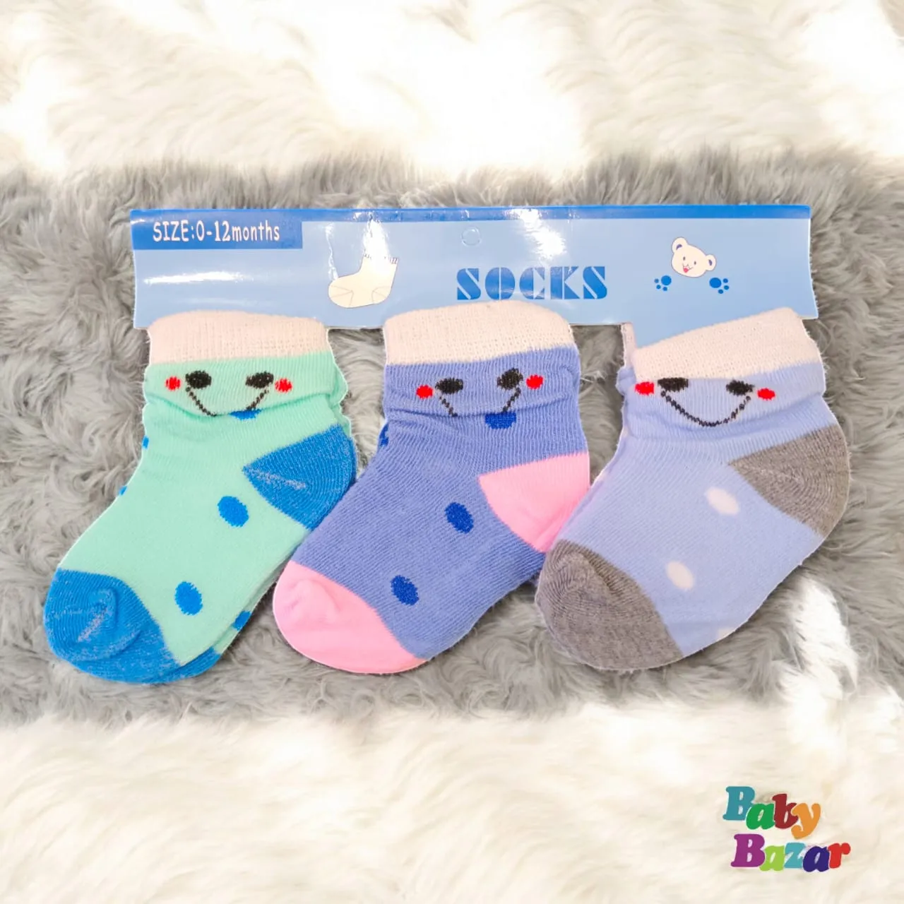 3-in-1 Soft Cotton Baby Socks (0-12 Months) Smiley Face Design