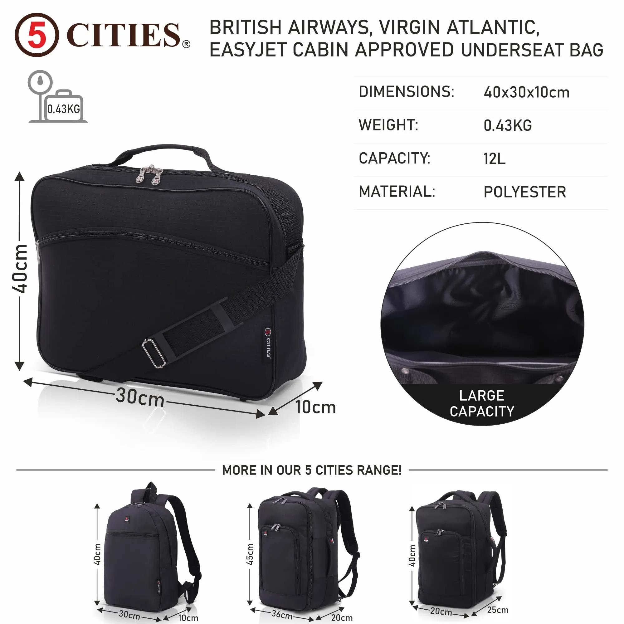 5 CITIES 40x30x10 New and Improved 2024 British Airways, Virgin Atlantic, EasyJet Holdall Cabin Luggage Under Seat Flight Bag, Black
