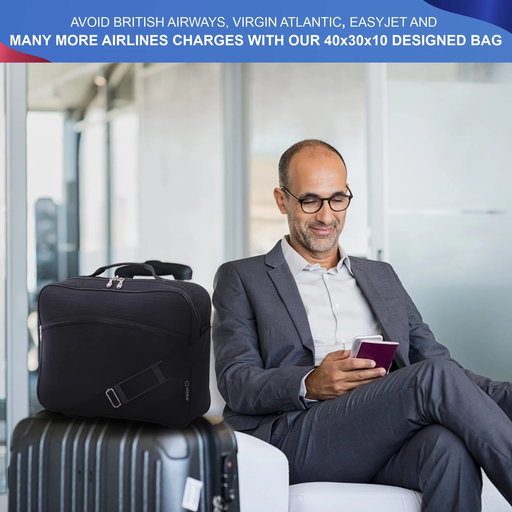 5 CITIES 40x30x10 New and Improved 2024 British Airways, Virgin Atlantic, EasyJet Holdall Cabin Luggage Under Seat Flight Bag, Black