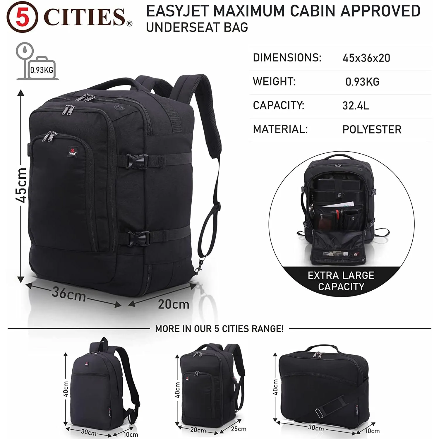 5 CITIES 45x36x20 New and Improved 2024 Easyjet Maximum Size Holdall Cabin Luggage Under Seat Flight Bag