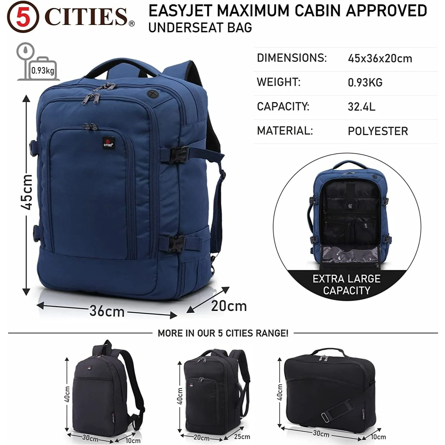 5 CITIES 45x36x20 New and Improved 2024 Easyjet Maximum Size Holdall Cabin Luggage Under Seat Flight Bag