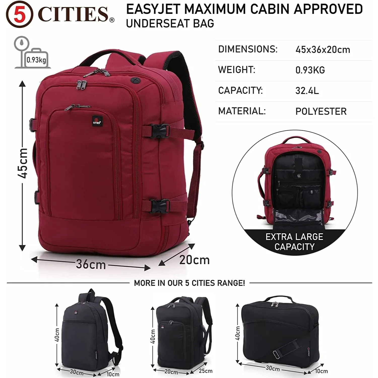 5 CITIES 45x36x20 New and Improved 2024 Easyjet Maximum Size Holdall Cabin Luggage Under Seat Flight Bag