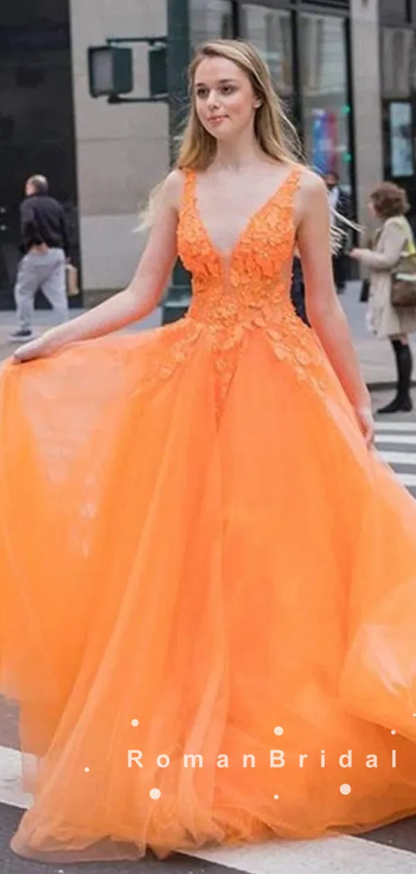 A-Line Deep V-Neck Sleeveless Orange Tulle Long Prom Dresses With Lace,RBPD0046