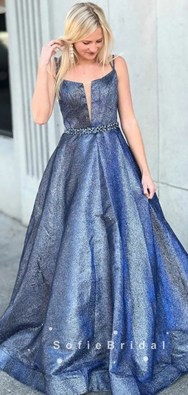 A-Line Spaghetti Straps Custom Long Prom Dresses With Beading,SFPD0029