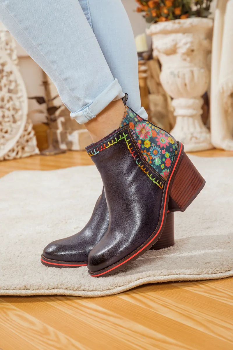 Abstract Block Heel Leather Ankle Boot