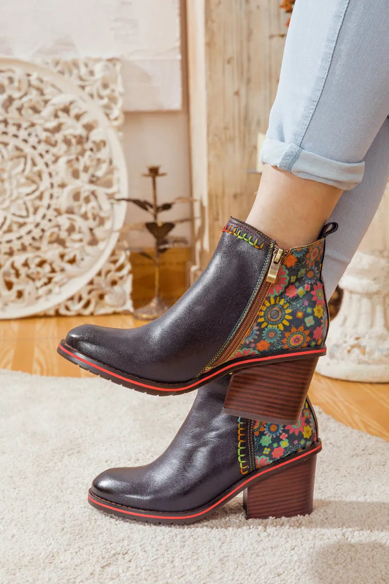 Abstract Block Heel Leather Ankle Boot