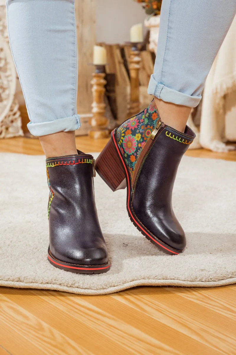 Abstract Block Heel Leather Ankle Boot