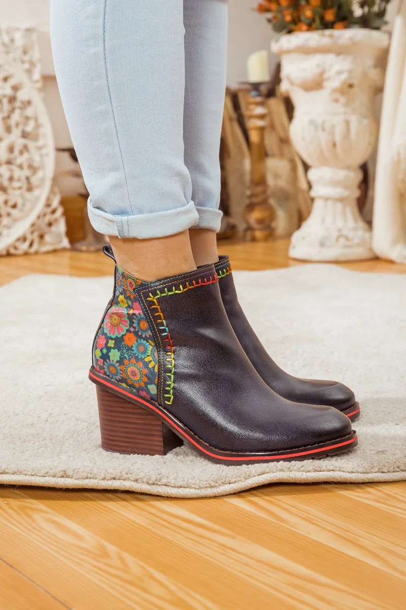 Abstract Block Heel Leather Ankle Boot