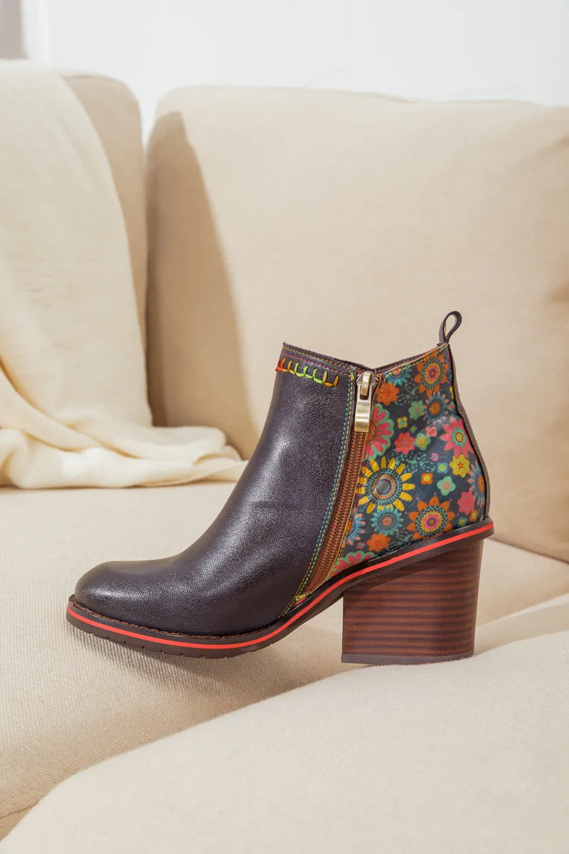 Abstract Block Heel Leather Ankle Boot