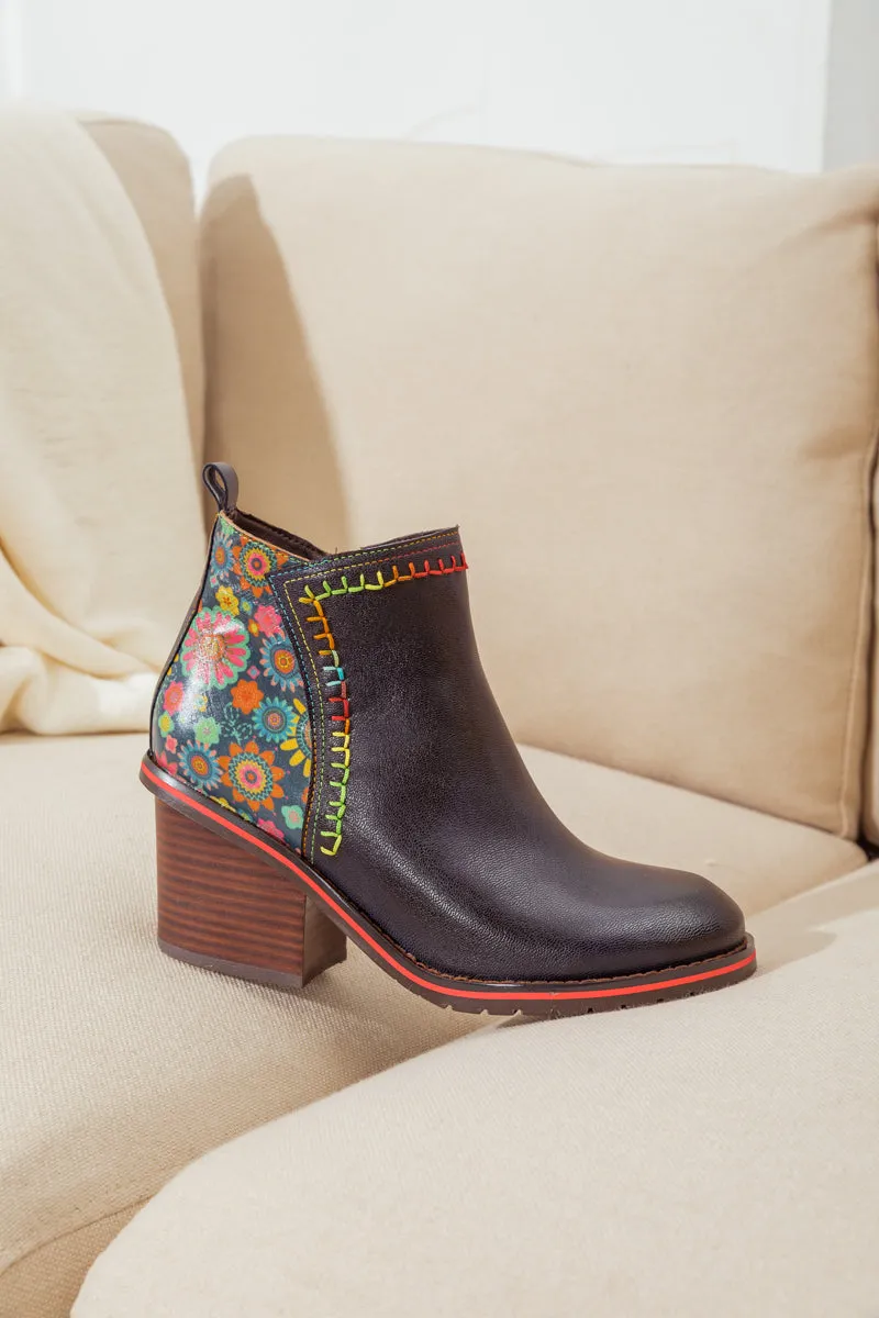 Abstract Block Heel Leather Ankle Boot