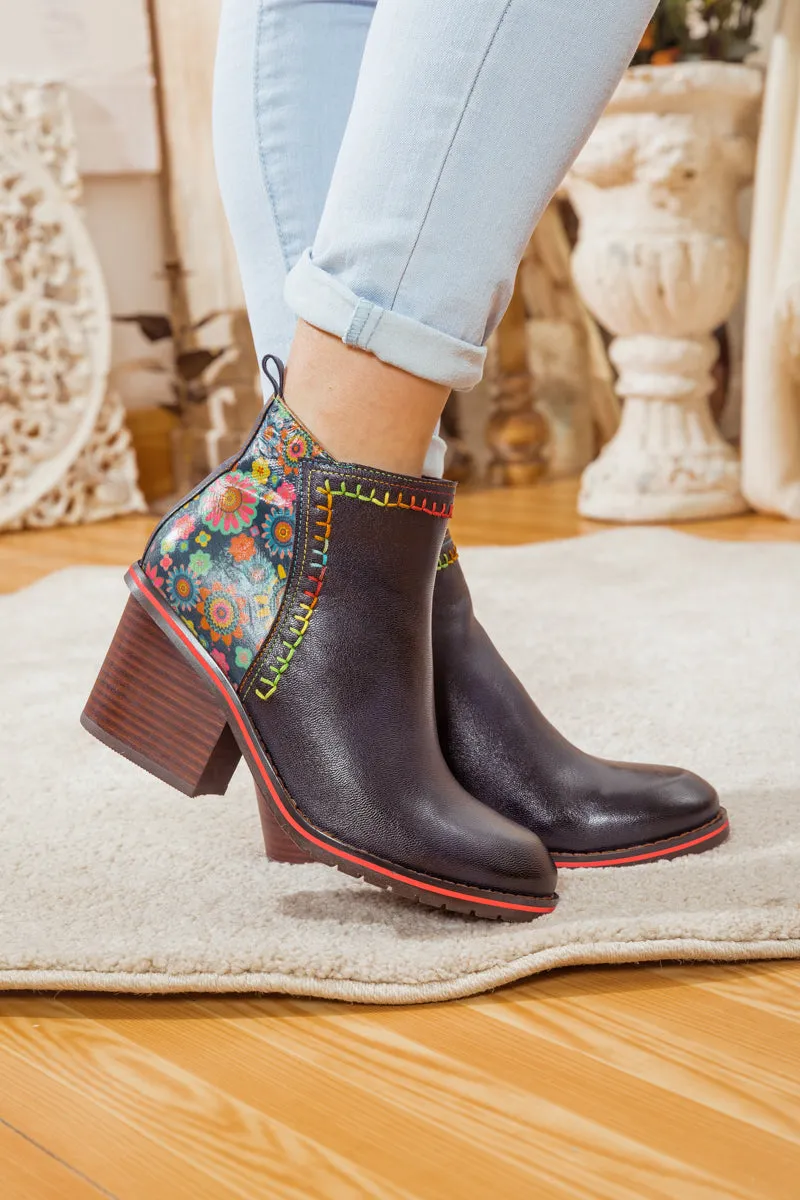 Abstract Block Heel Leather Ankle Boot