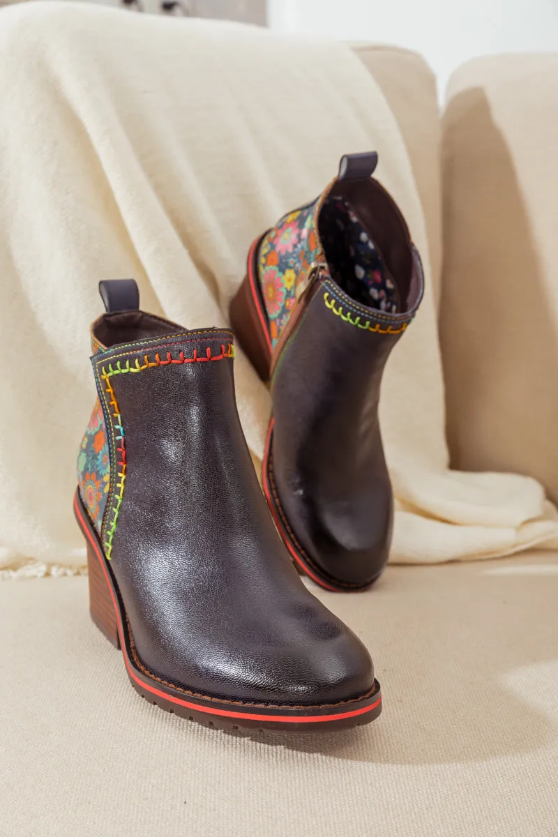Abstract Block Heel Leather Ankle Boot