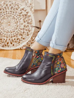 Abstract Block Heel Leather Ankle Boot