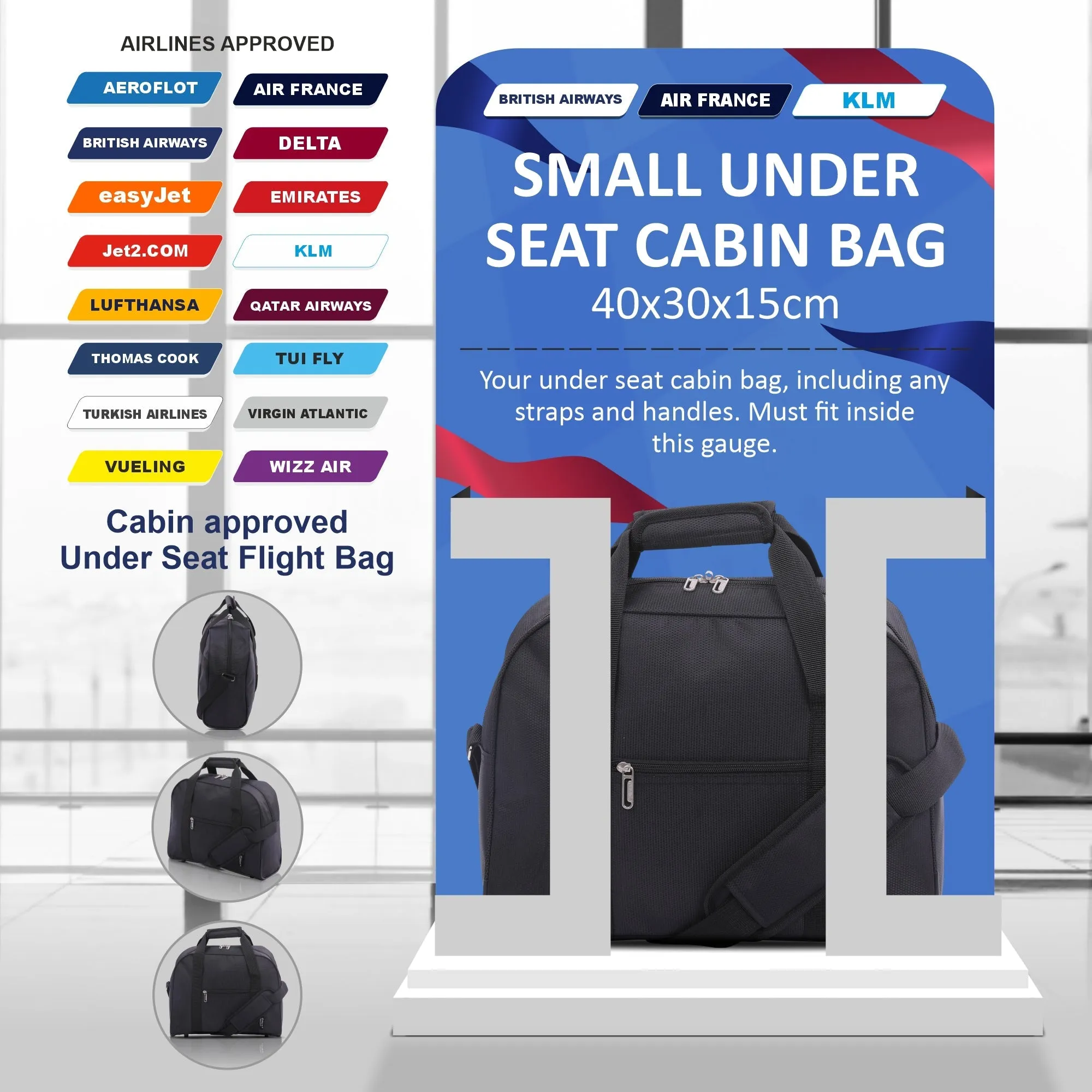 AEROLITE 40x30x15 New and Improved 2024 British Airways, EasyJet, Virgin Atlantic, KLM Holdall, Cabin Luggage Under Seat Flight Bag, Black