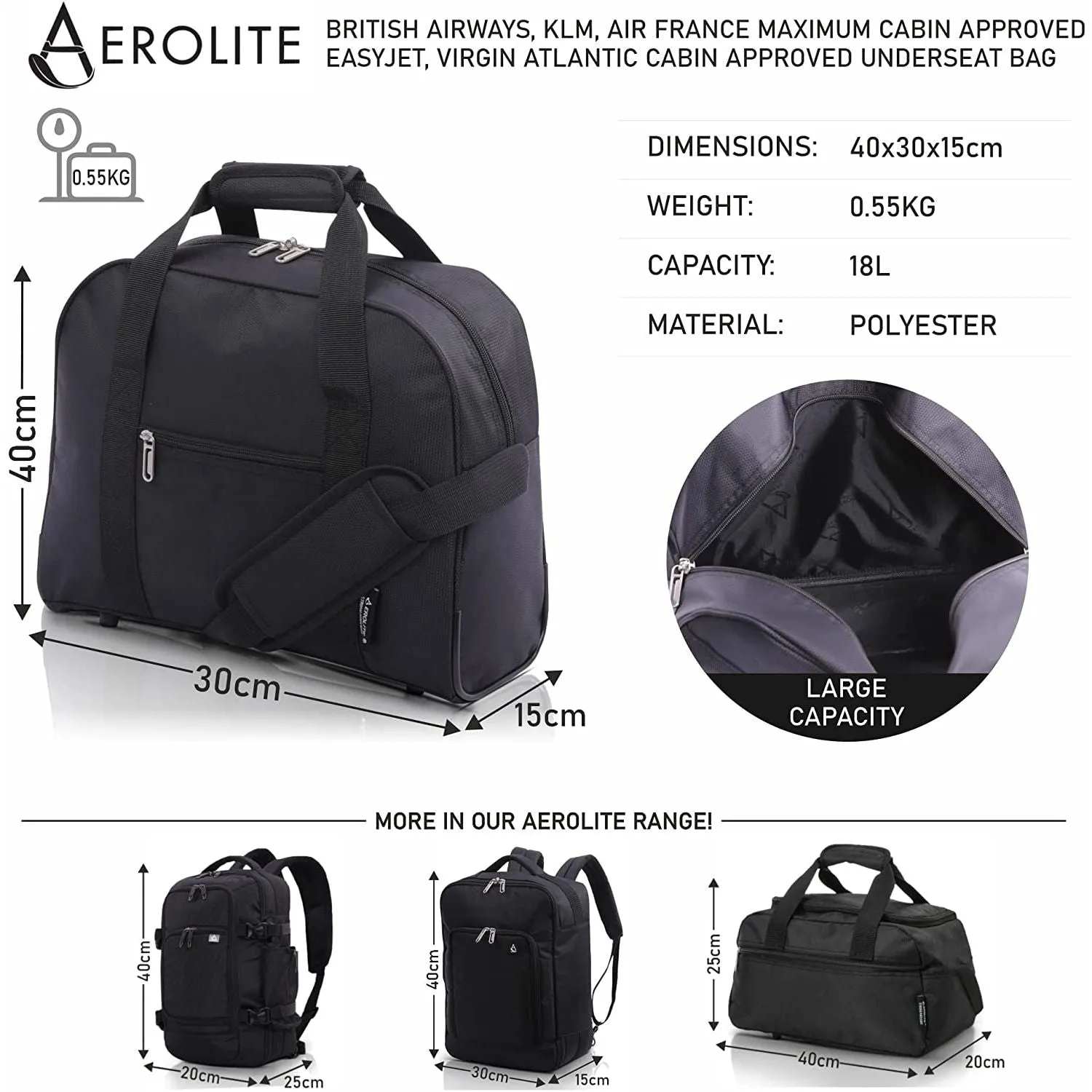 AEROLITE 40x30x15 New and Improved 2024 British Airways, EasyJet, Virgin Atlantic, KLM Holdall, Cabin Luggage Under Seat Flight Bag, Black