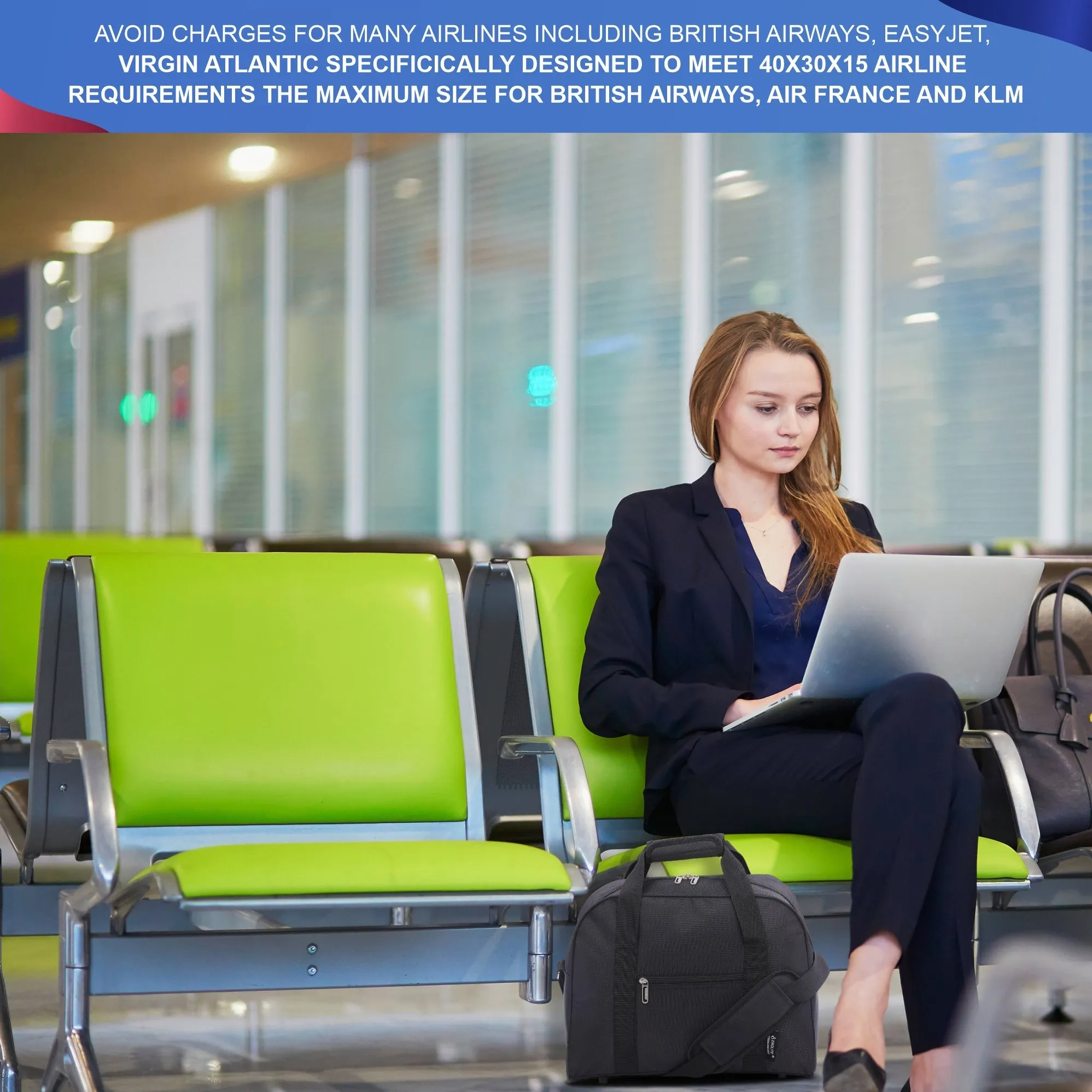 AEROLITE 40x30x15 New and Improved 2024 British Airways, EasyJet, Virgin Atlantic, KLM Holdall, Cabin Luggage Under Seat Flight Bag, Black