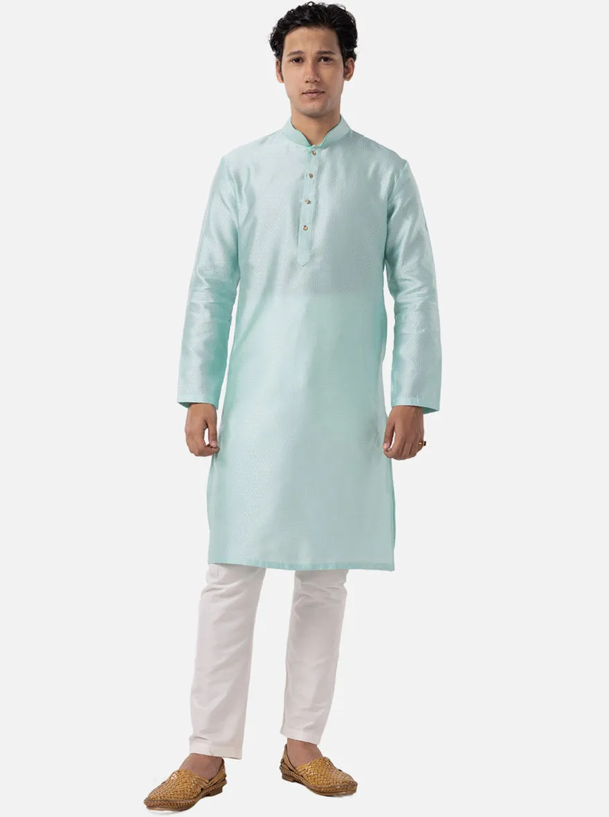 Aquamarine Blue Self Textured Cotton Blend Kurta | The Kurta Company