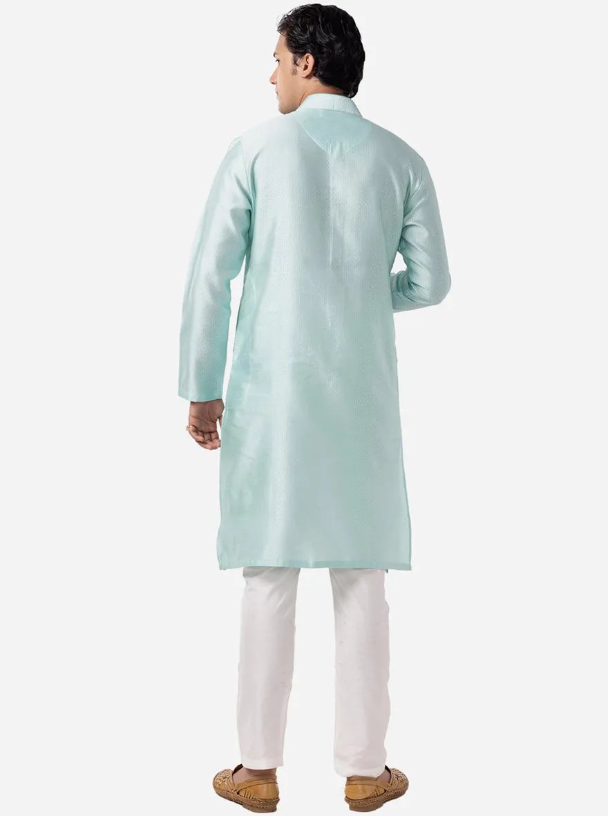 Aquamarine Blue Self Textured Cotton Blend Kurta | The Kurta Company