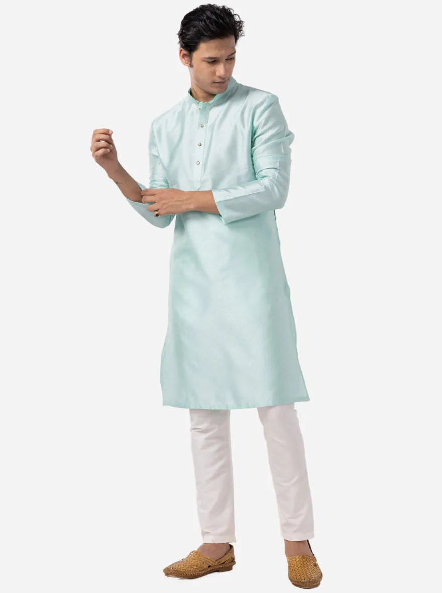 Aquamarine Blue Self Textured Cotton Blend Kurta | The Kurta Company