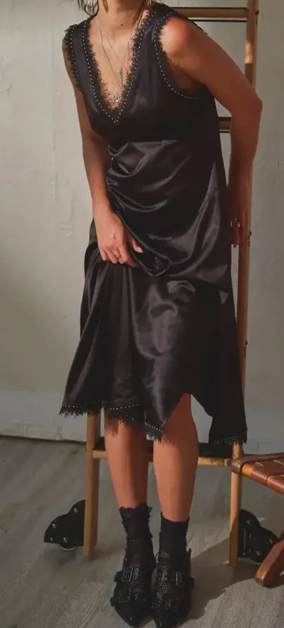 Asymmetrical Satin Studded Lace Sleeveless Midi Dress