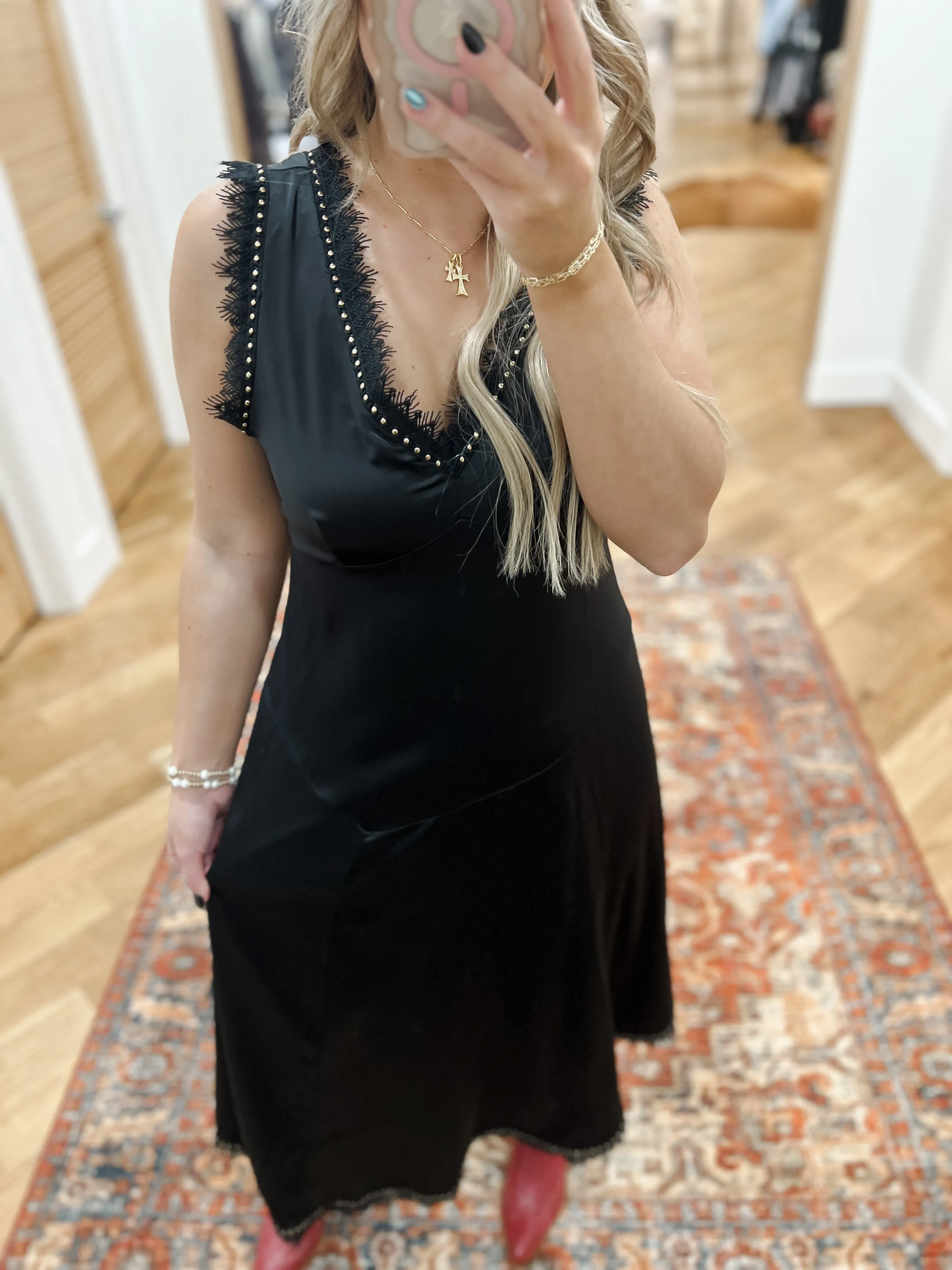 Asymmetrical Satin Studded Lace Sleeveless Midi Dress
