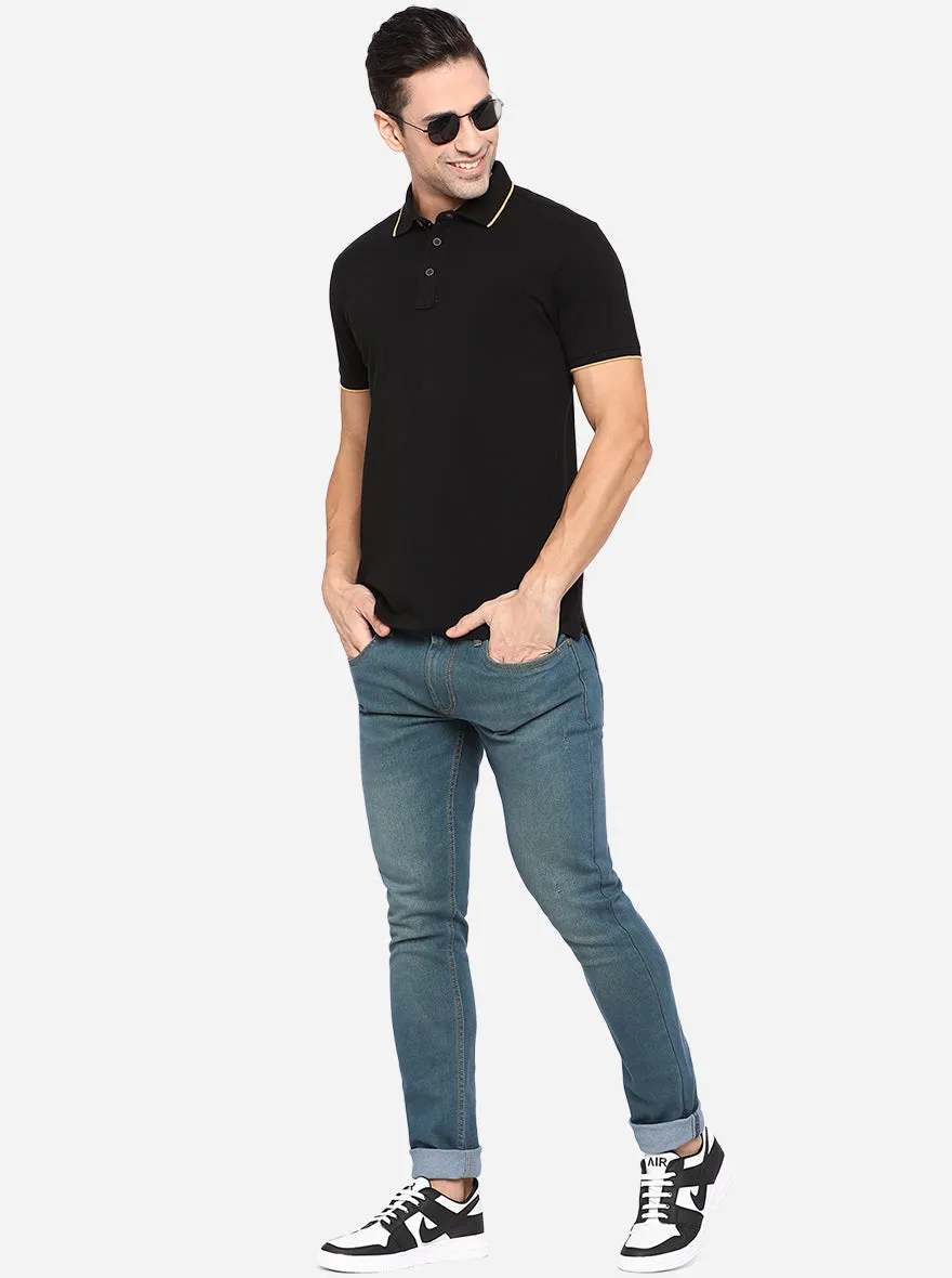 Black Solid Slim Fit Polo T-Shirt | JadeBlue