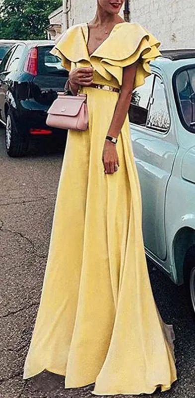 Charming Sexy Pink Blue Yellow Short Sleeves V Neck A-line  Pretty Hot Sale Custom Made Prom Dresses, PD1117