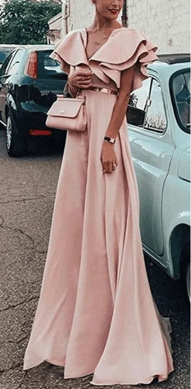 Charming Sexy Pink Blue Yellow Short Sleeves V Neck A-line  Pretty Hot Sale Custom Made Prom Dresses, PD1117
