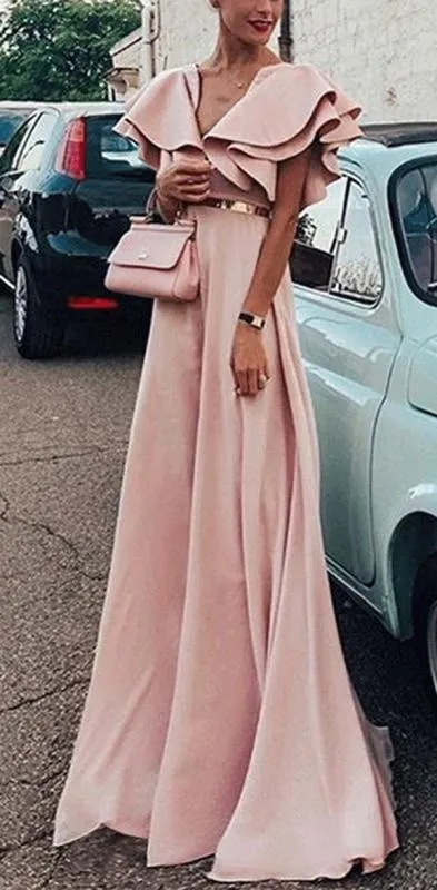 Charming Sexy Pink Blue Yellow Short Sleeves V Neck A-line  Pretty Hot Sale Custom Made Prom Dresses, PD1117