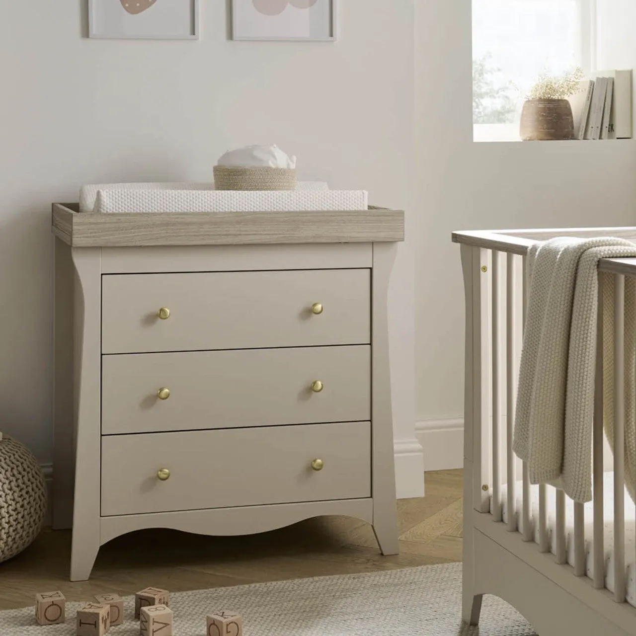 CuddleCo Clara 3 Piece Nursery Furniture Set with Cot Bed, Dresser and Wardrobe - Cashmere