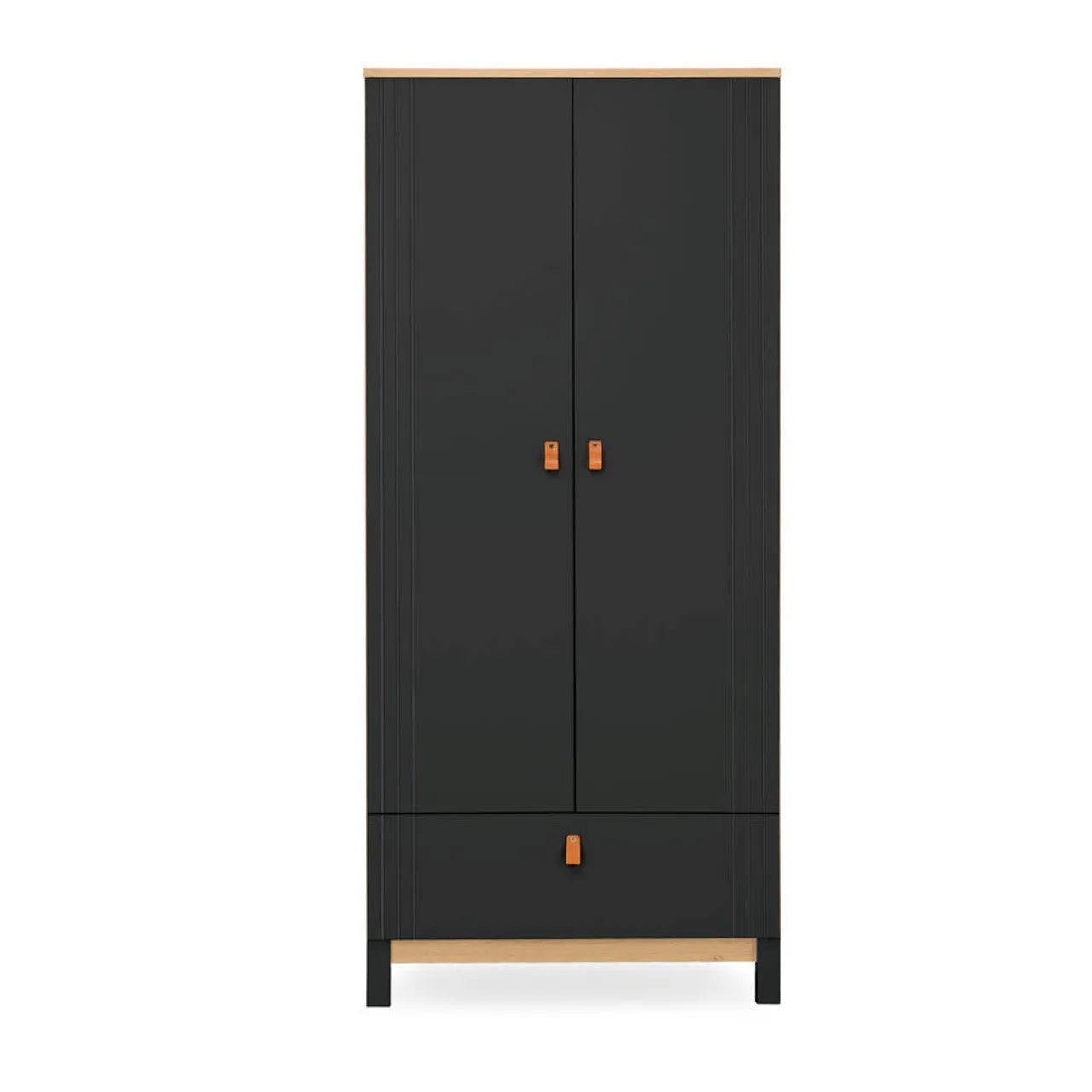 CuddleCo Rafi 3 Piece Nursery Furniture Set with Cot Bed, Dresser and Wardrobe - Oak & Black