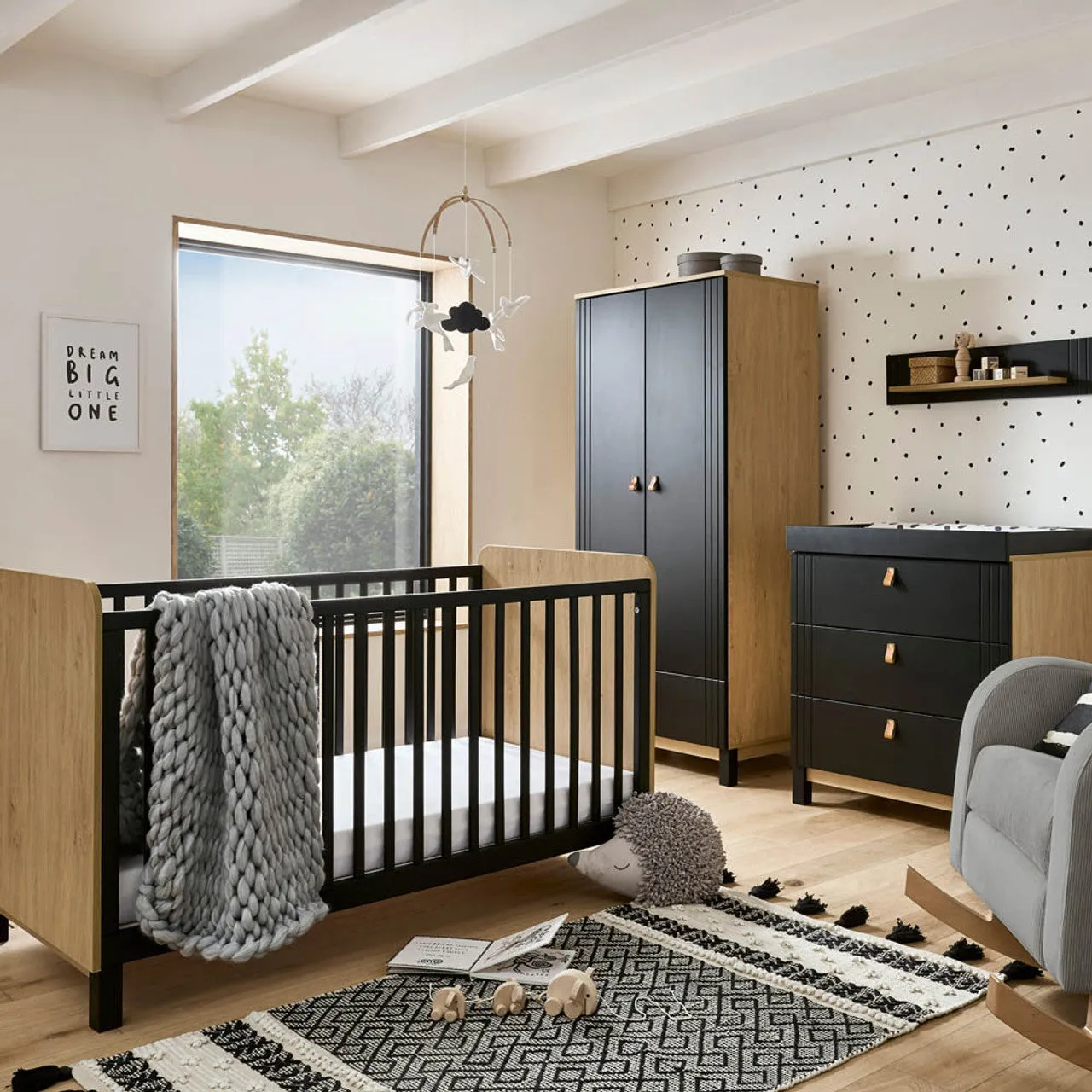 CuddleCo Rafi 3 Piece Nursery Furniture Set with Cot Bed, Dresser and Wardrobe - Oak & Black