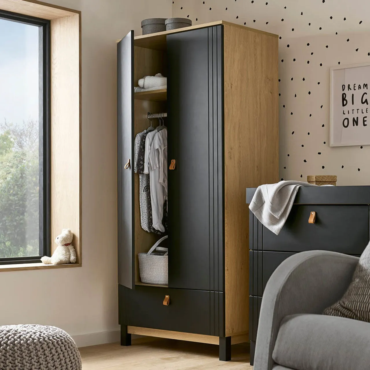 CuddleCo Rafi 3 Piece Nursery Furniture Set with Cot Bed, Dresser and Wardrobe - Oak & Black