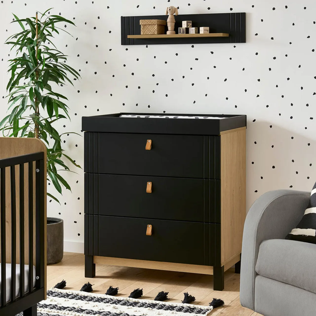 CuddleCo Rafi 3 Piece Nursery Furniture Set with Cot Bed, Dresser and Wardrobe - Oak & Black