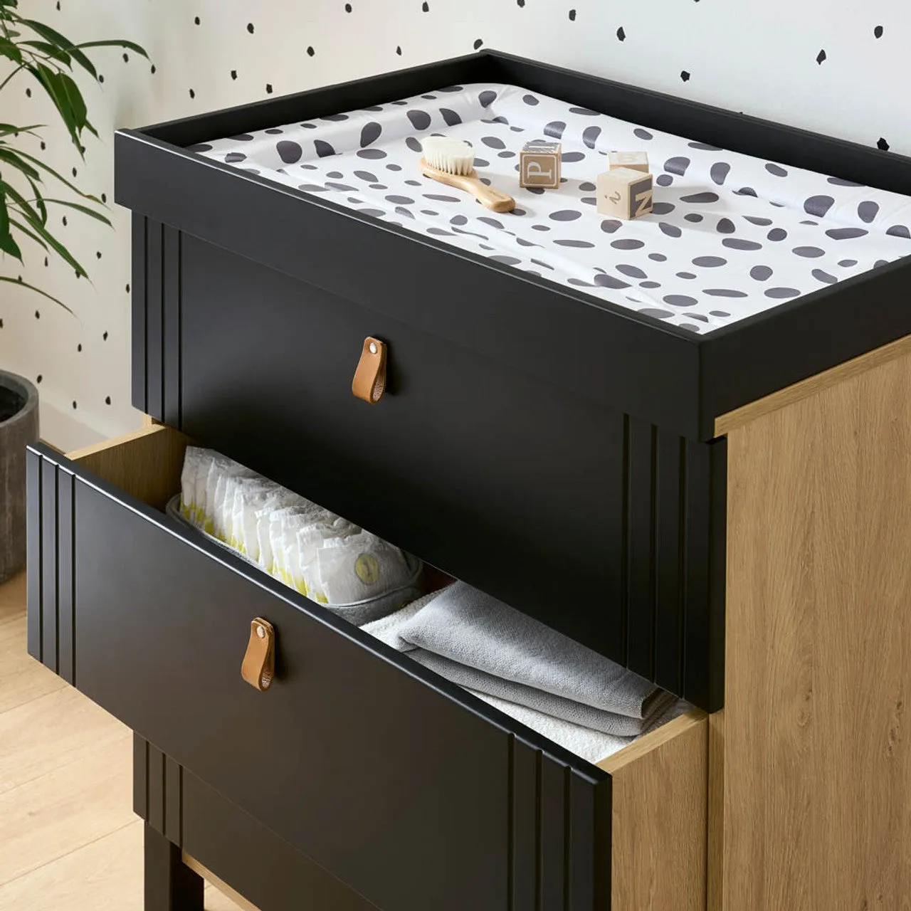 CuddleCo Rafi 3 Piece Nursery Furniture Set with Cot Bed, Dresser and Wardrobe - Oak & Black