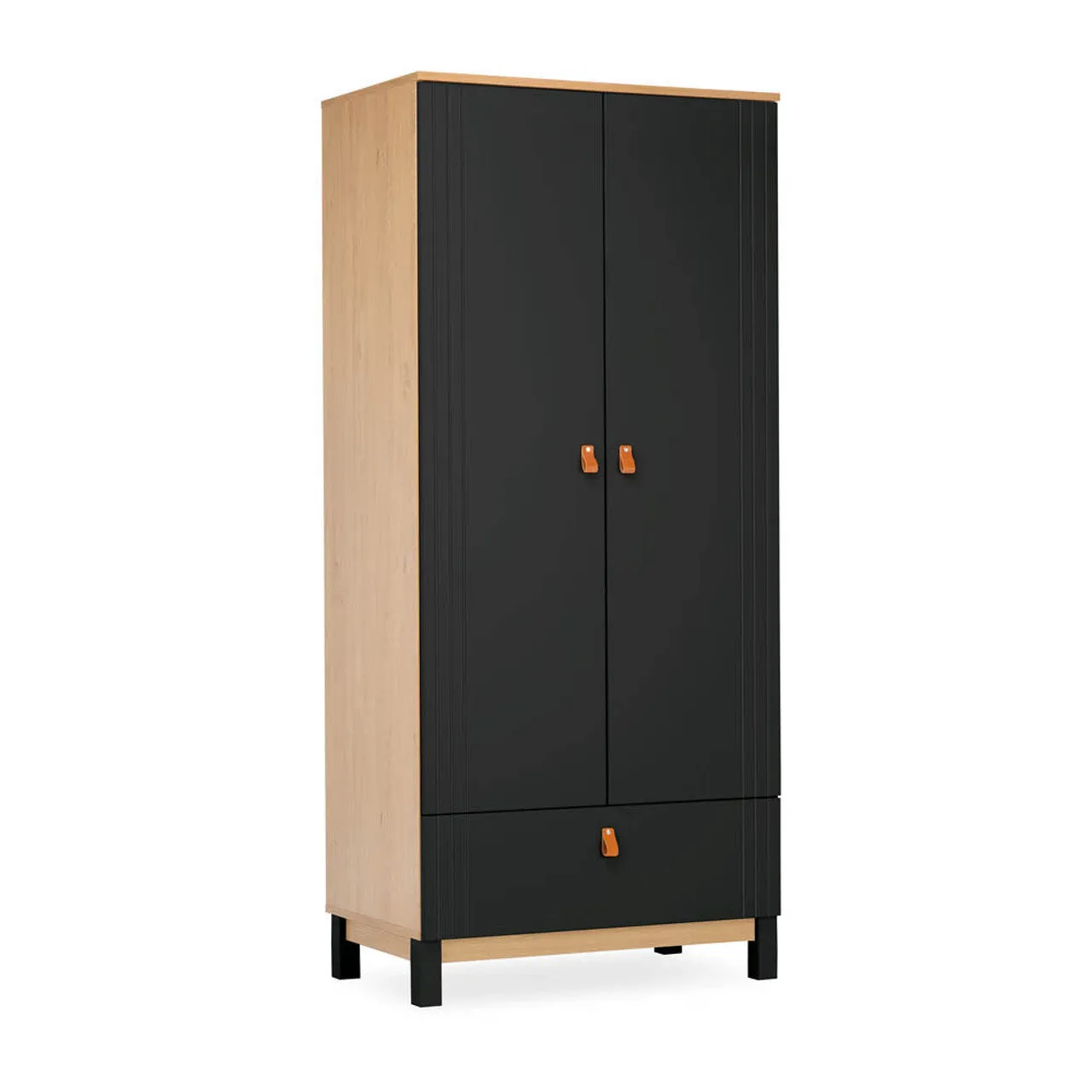 CuddleCo Rafi 3 Piece Nursery Furniture Set with Cot Bed, Dresser and Wardrobe - Oak & Black