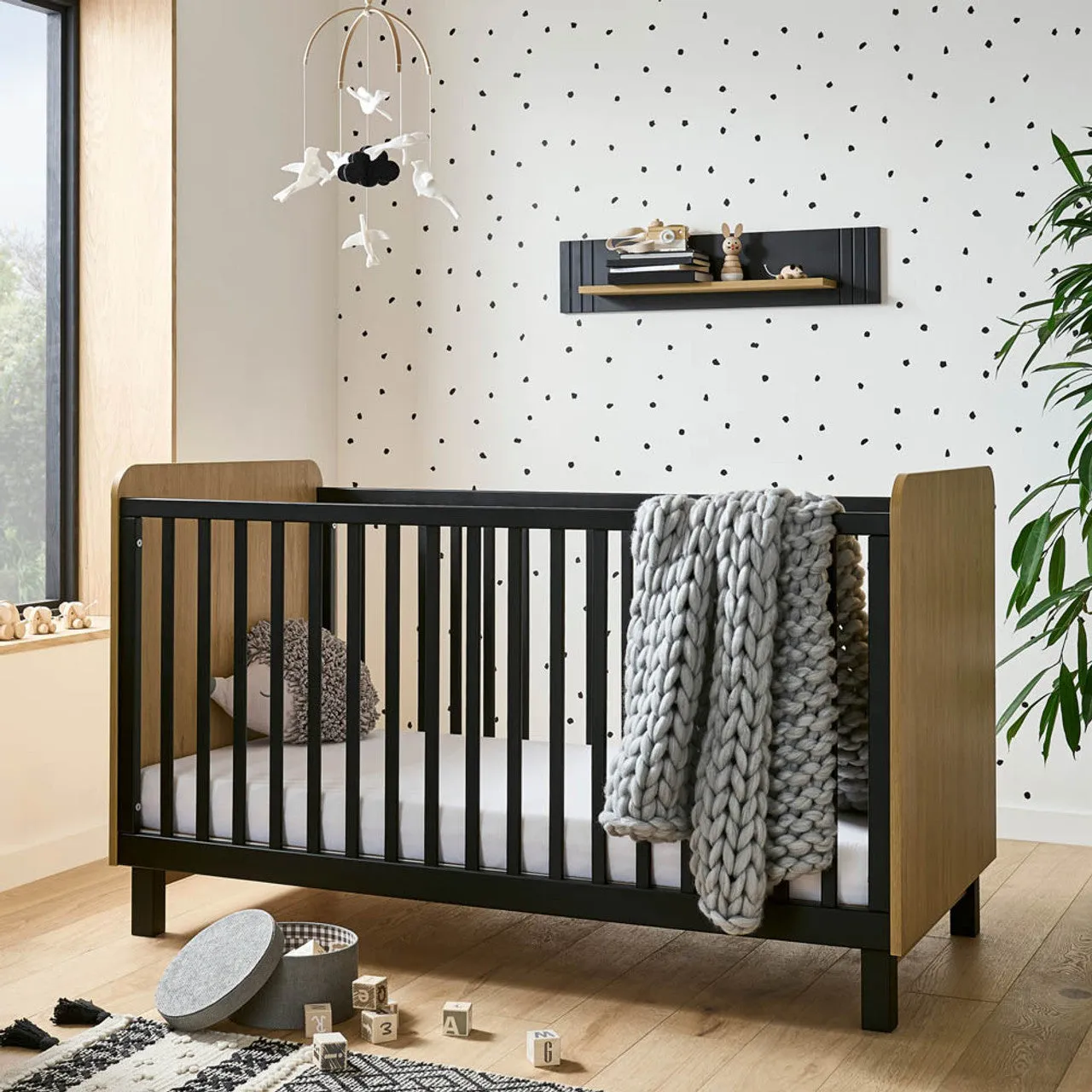 CuddleCo Rafi 3 Piece Nursery Furniture Set with Cot Bed, Dresser and Wardrobe - Oak & Black