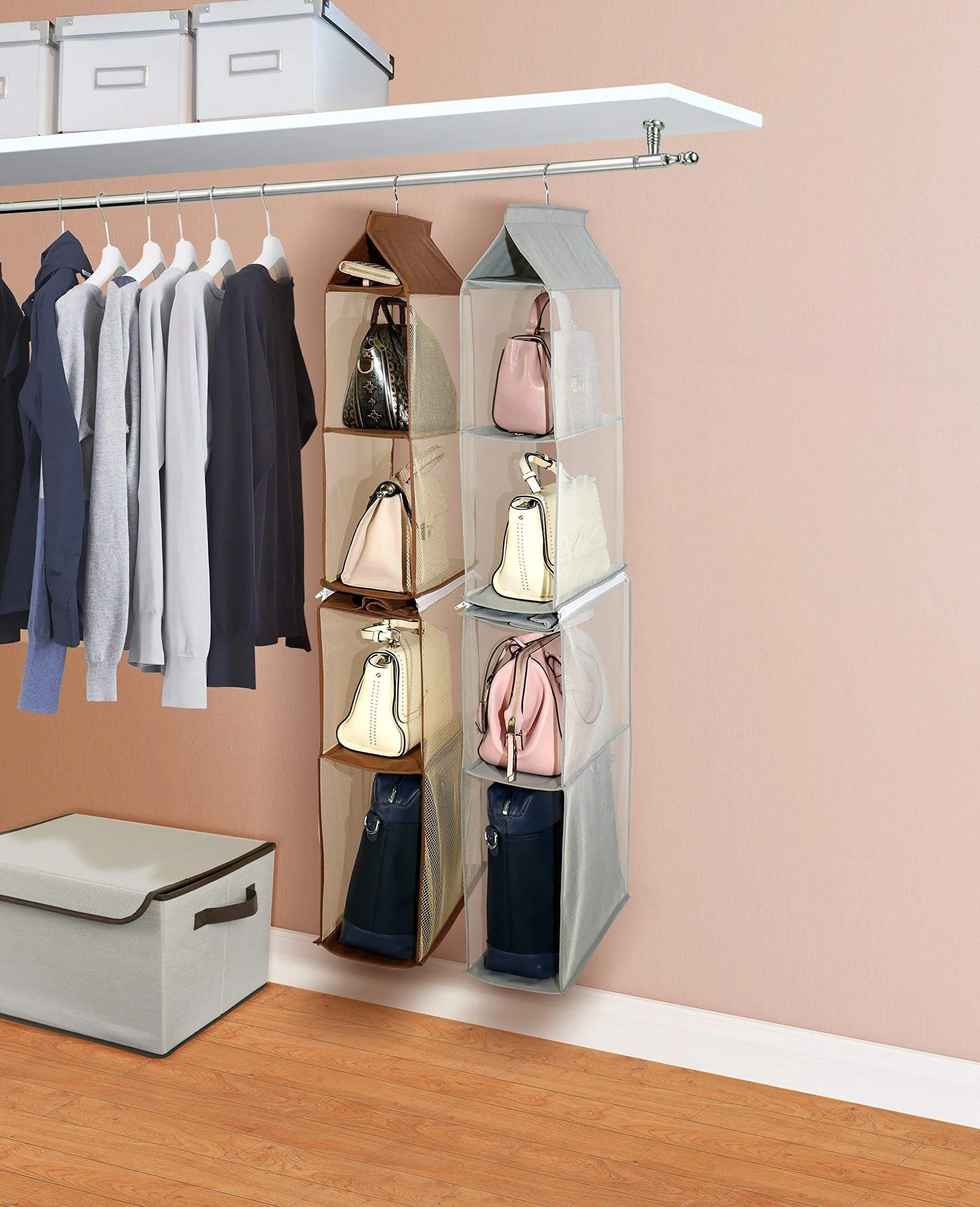 Detachable 6 Compartment Organizer Pouch Hanging Handbag Organizer Clear Purse Bag Collection Storage Holder Wardrobe Closet Space Saving Organizers System for Living Room Bedroom Home Use (Pink)