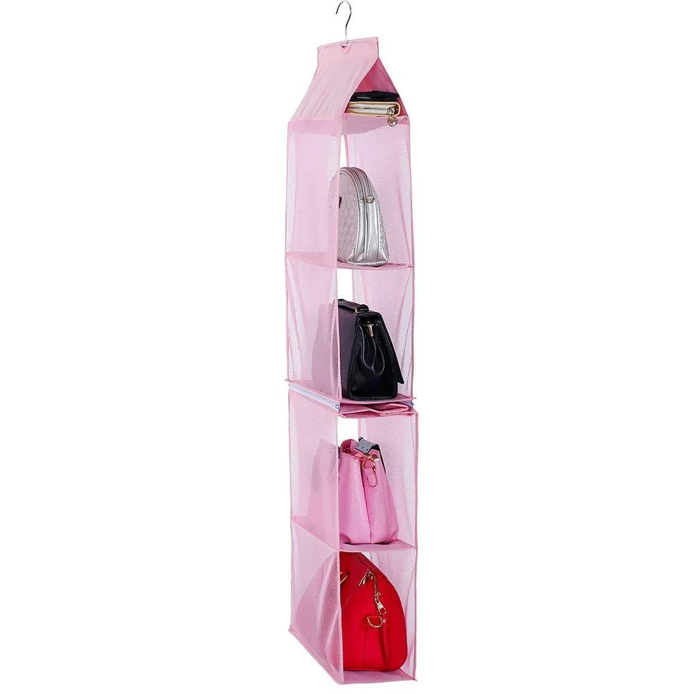 Detachable 6 Compartment Organizer Pouch Hanging Handbag Organizer Clear Purse Bag Collection Storage Holder Wardrobe Closet Space Saving Organizers System for Living Room Bedroom Home Use (Pink)