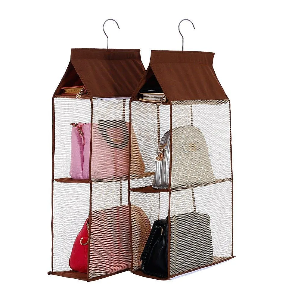 Detachable 6 Compartment Organizer Pouch Hanging Handbag Organizer Clear Purse Bag Collection Storage Holder Wardrobe Closet Space Saving Organizers System for Living Room Bedroom Home Use (Pink)