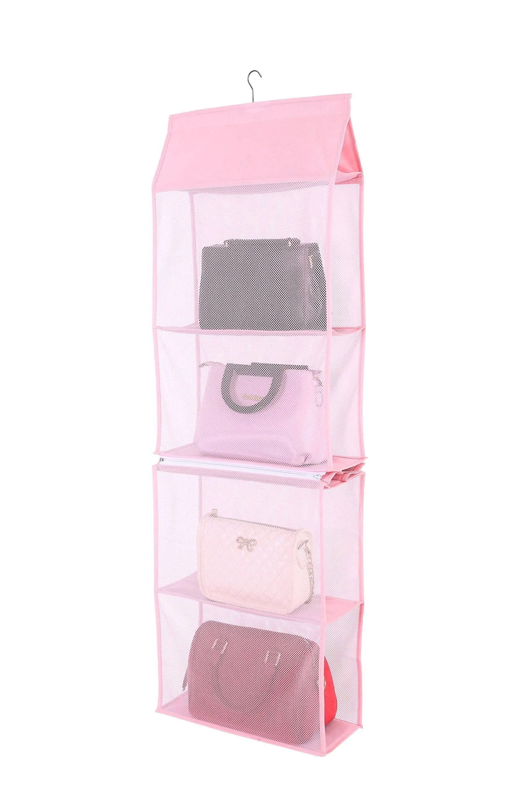 Detachable 6 Compartment Organizer Pouch Hanging Handbag Organizer Clear Purse Bag Collection Storage Holder Wardrobe Closet Space Saving Organizers System for Living Room Bedroom Home Use (Pink)