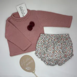 Dusky Pink Knitted Top With Floral Bloomers - Sally
