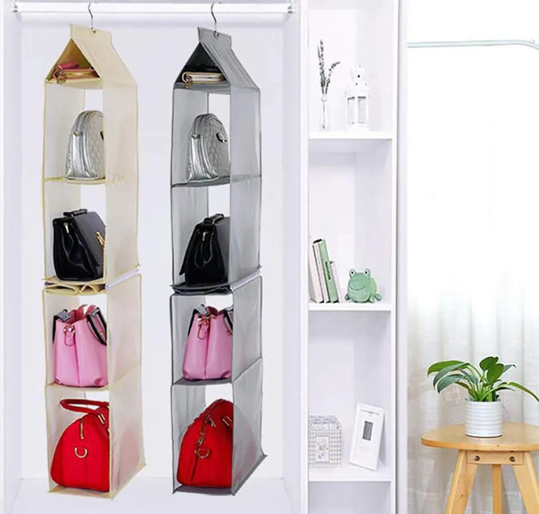 ixaer Detachable Hanging Handbag Organizer Purse Bag Collection Storage Holder Wardrobe Closet Hatstand 4 Compartment (Beige)
