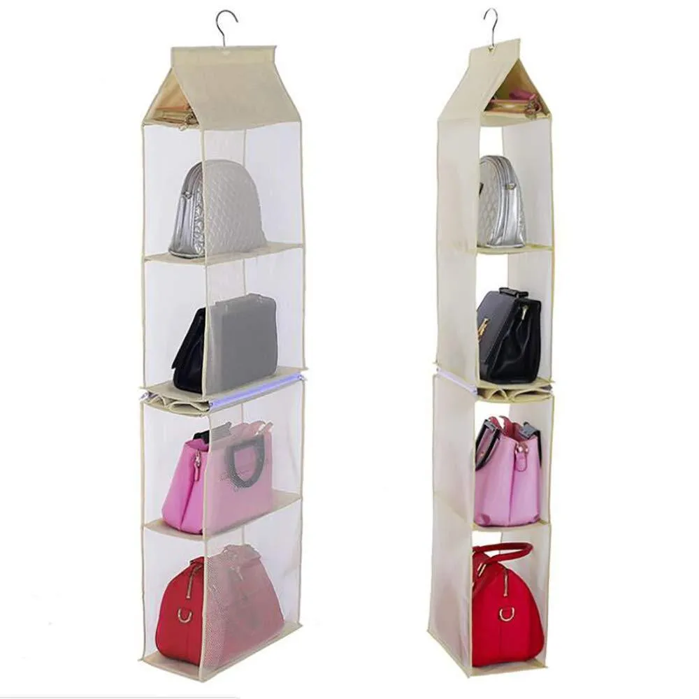 ixaer Detachable Hanging Handbag Organizer Purse Bag Collection Storage Holder Wardrobe Closet Hatstand 4 Compartment (Beige)