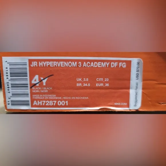 JR Hypervenom 3 Academy DF FG, soccer cleats, black, youth size 4