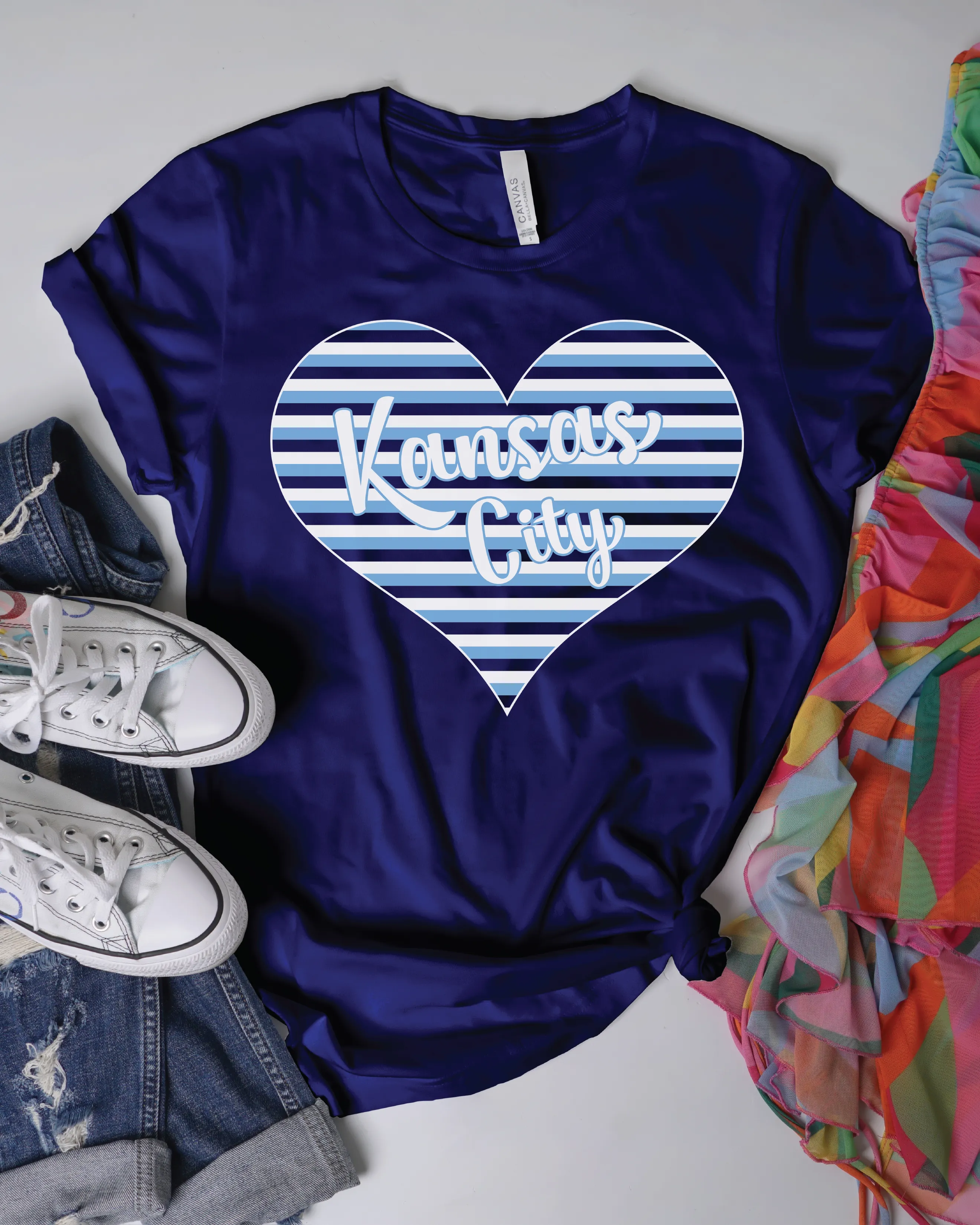 Kansas City Striped Heart Navy Tee