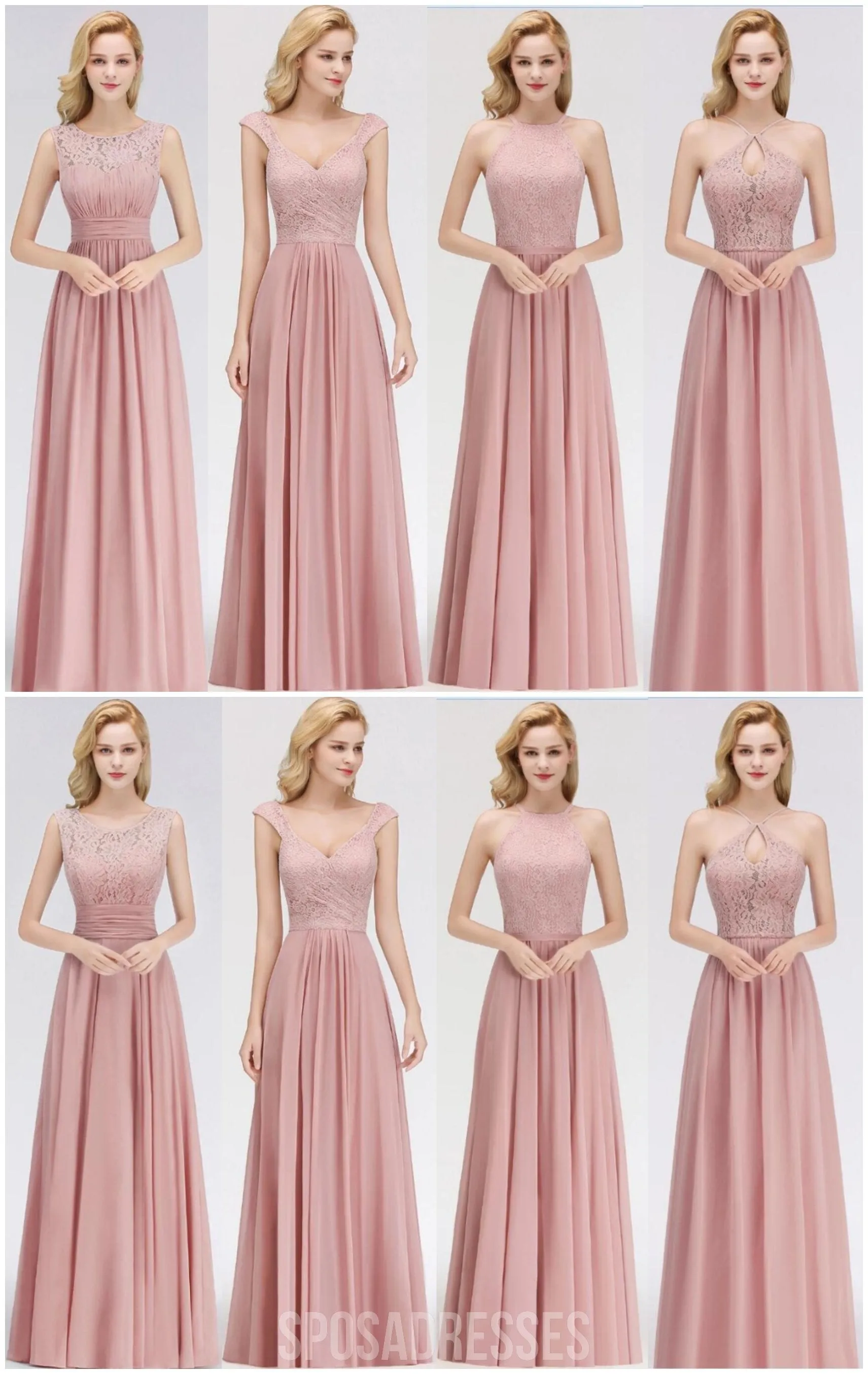 Lace Blush Pink Floor Length Mismatched Chiffon Bridesmaid Dresses Online, WG543