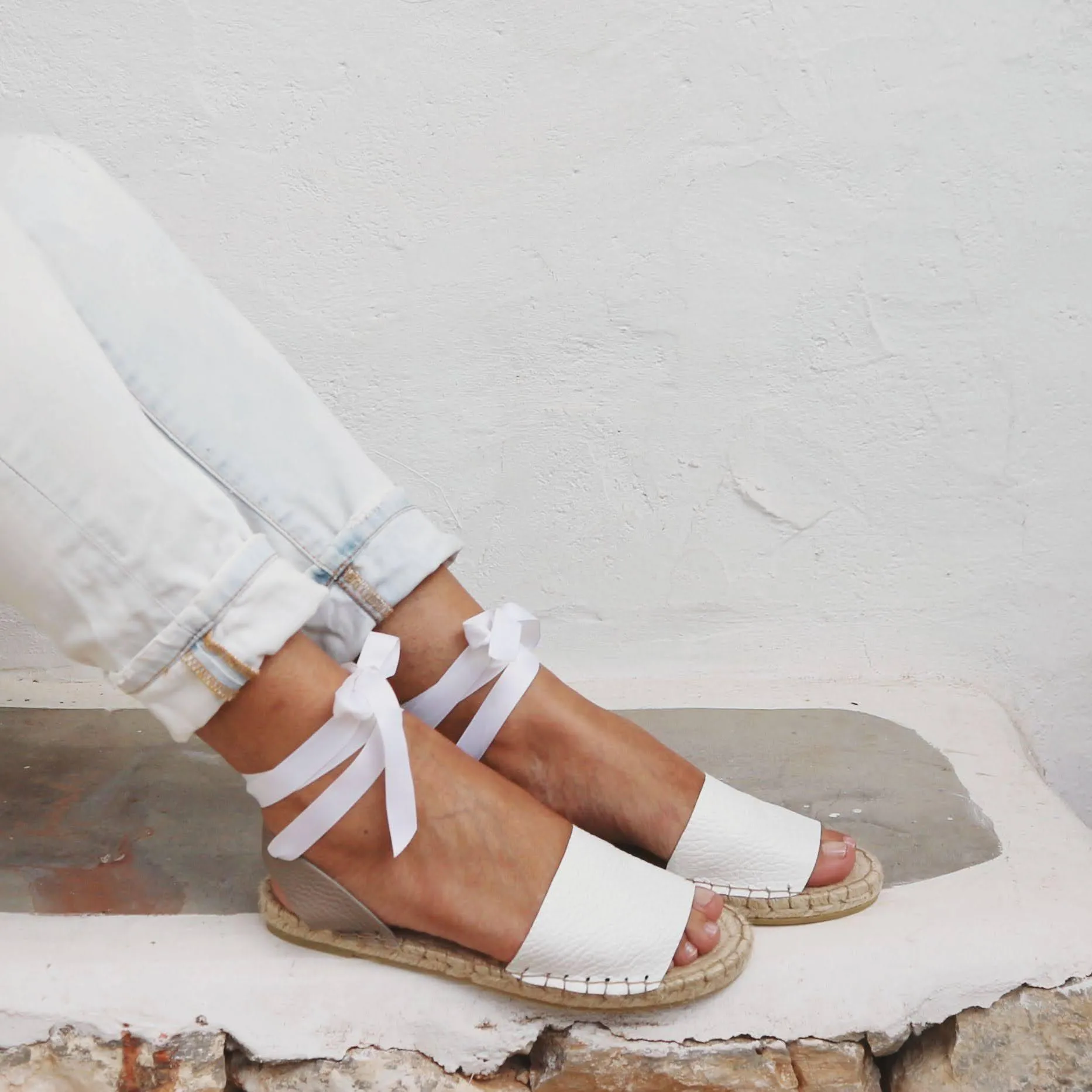Leather Espadrilles Sandals - White - Classic Sole