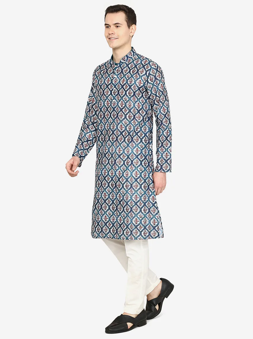 Multi Mughal Printed Silk Blend Kurta | The Kurta Company