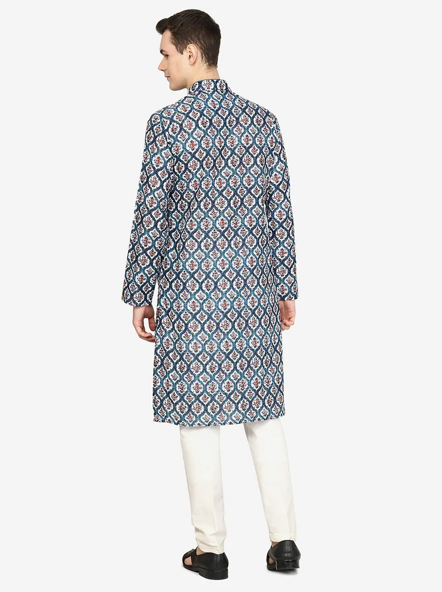 Multi Mughal Printed Silk Blend Kurta | The Kurta Company